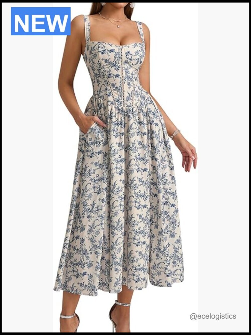 Floral Corset Midi Dress Flowey Slit Summer Wedding Guest Sundress with Pockets